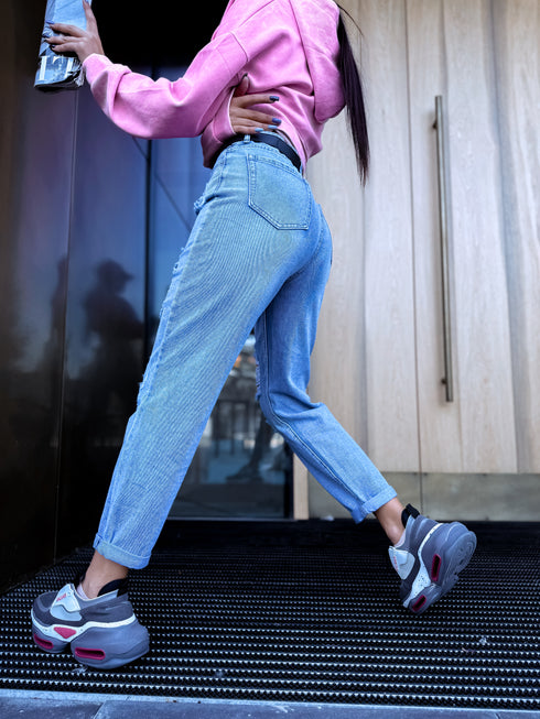 MOM, DENIM kelnės su ašaromis W1036 - Mėlynos
